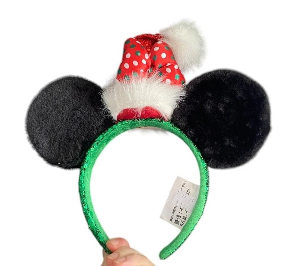Disney Parks Minnie Mouse Ears Sequin Santa Hat Christmas Headband Bow